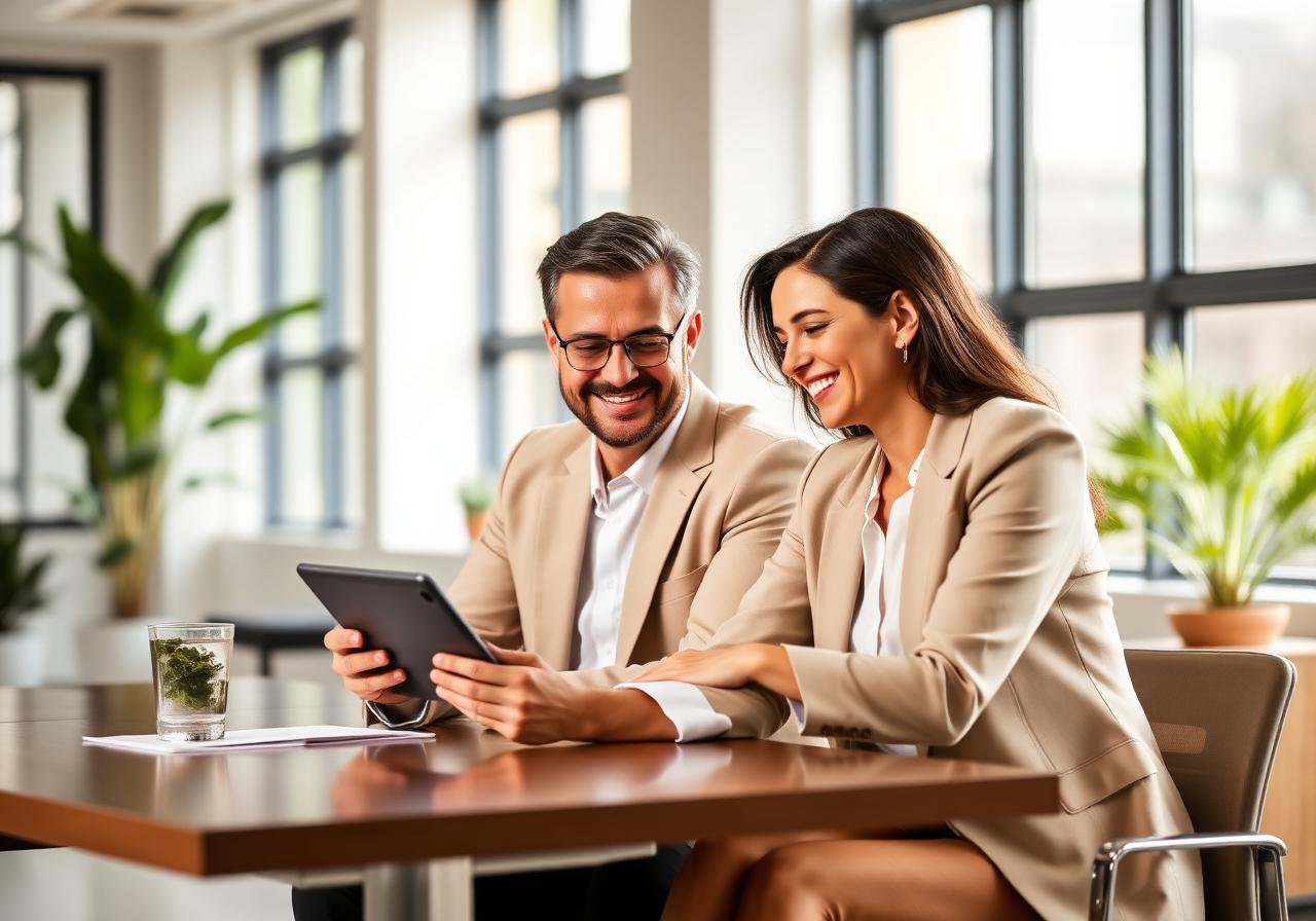 Two business professionals smiling and reviewing a tablet together