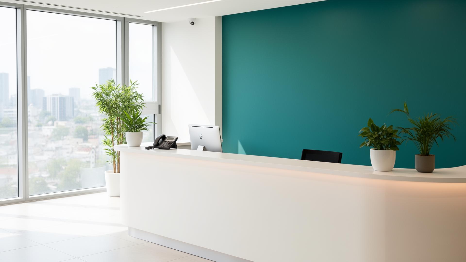 Modern clinic reception desk with friendly receptionist
